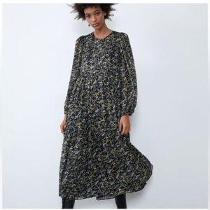 Zara Floral Long-Sleeve Maxi Dress in Black w Yellow Floral